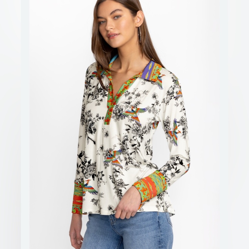 Johnny Was Floral and Bird Print Long Sleeve Shirt. Dreamer Garden. Size Medium - Picture 3 of 5